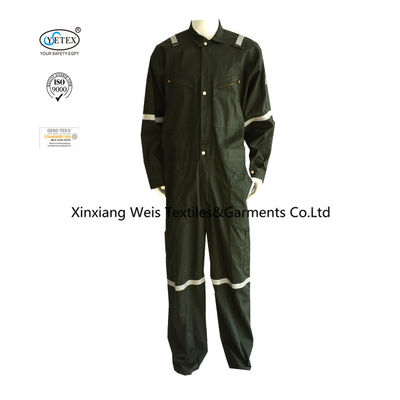 Chest Slant Pockets Cotton Lightweight Flame Retardant Coveralls Dark Green Reflective