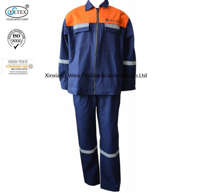 Cotton Canvas Two Tone Blue Orange Fr Suit With Reflector Welders Working