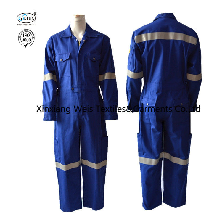 Blue 100% Cotton Twill Flame Resistant  Reflective Durable Coverall 320gsm For Oil Petrochemical Industry