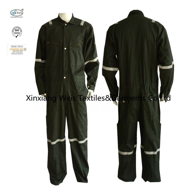 Chest Slant Pockets Cotton Lightweight Flame Retardant Coveralls Dark Green Reflective